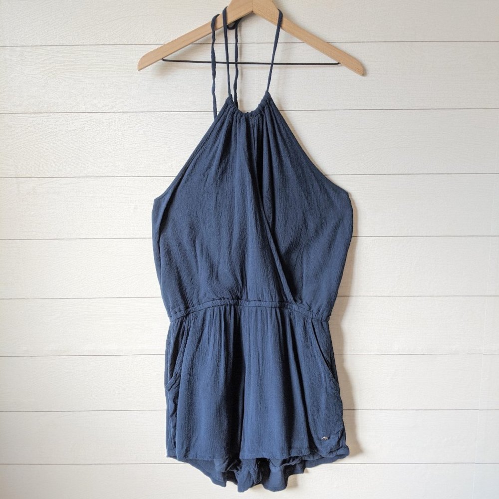 ROXY Navy Crepe Surplice Front Halter Romper L